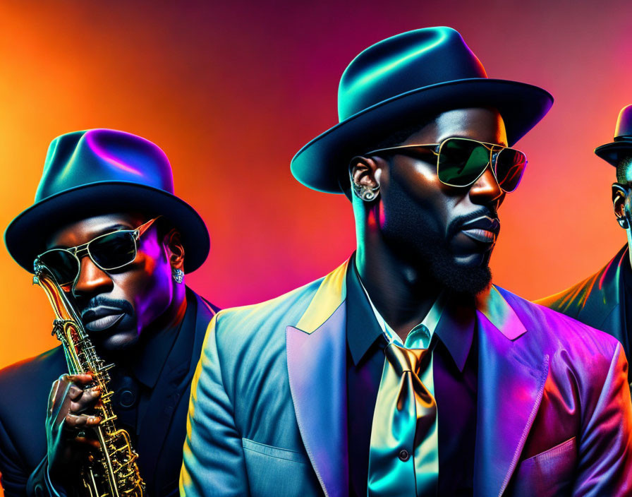 Three men in hats and sunglasses under neon lights, one with a saxophone