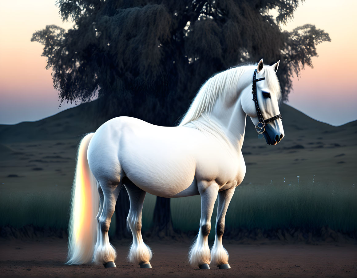 White horse with rainbow sheen against dune and tree backdrop