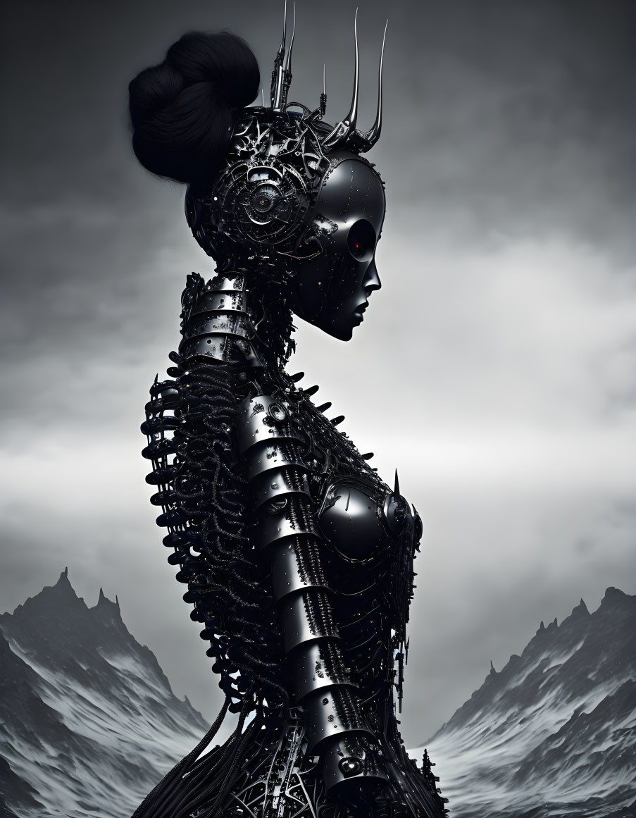 Detailed Futuristic Android Against Stormy Mountainous Backdrop