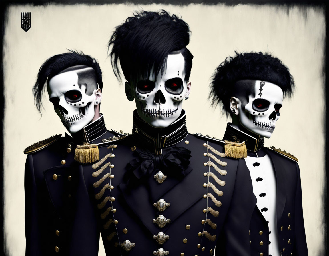 Three individuals in skeletal makeup and dark military jackets with gold accents in a gothic pose.