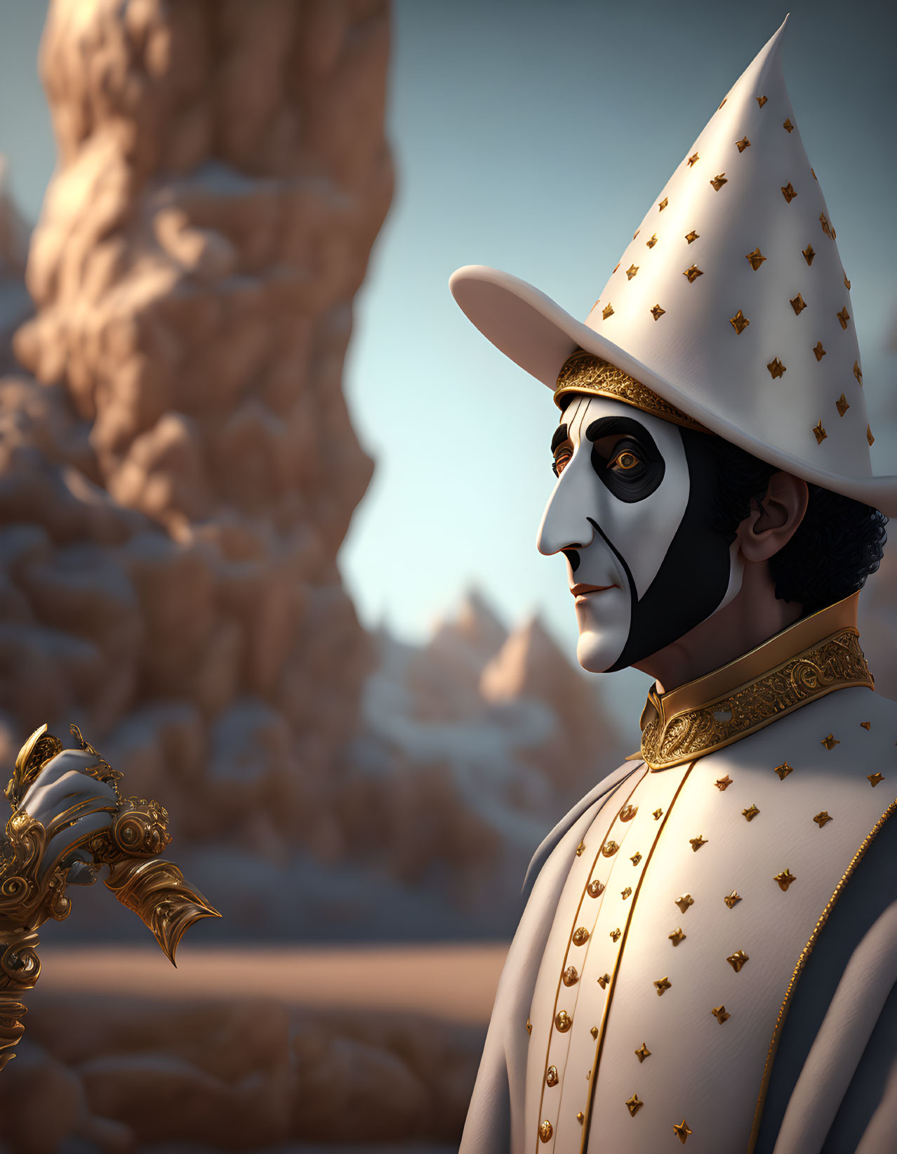 Fantasy wizard character in star-studded robe and hat on rocky desert backdrop