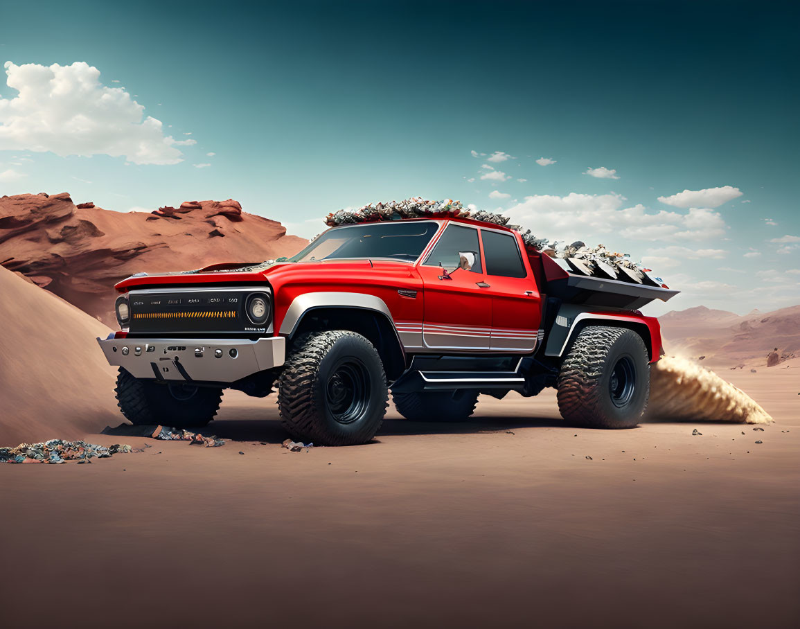 Vintage pickup truck with large off-road tires in desert drive