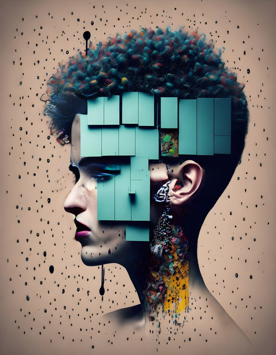 Colorful Textured Hairstyle in Cubic Portrait with Paint Droplets