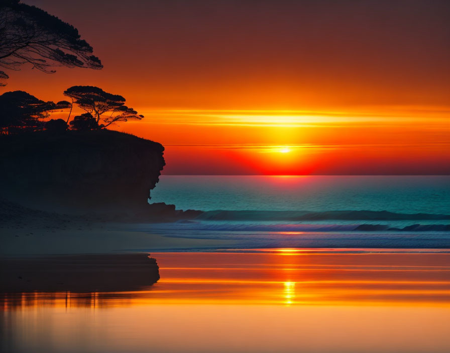 Colorful sunset over ocean with silhouetted cliffs, trees, and serene beach.