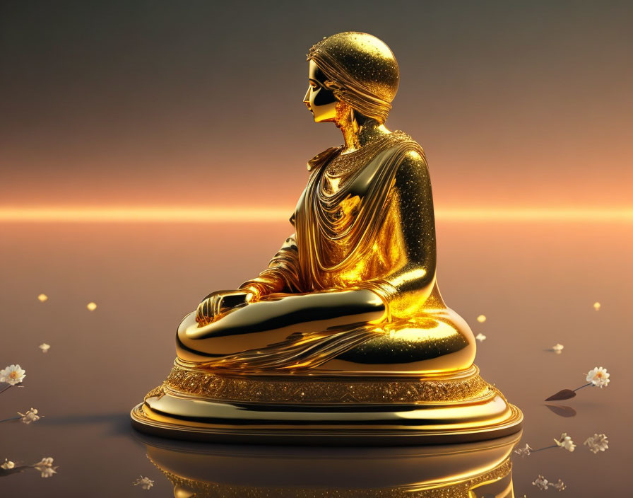 Meditative figure statue with draped robe and serene backdrop on glossy surface