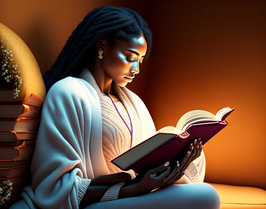 Woman with braided hair reading book next to stack, bathed in warm light