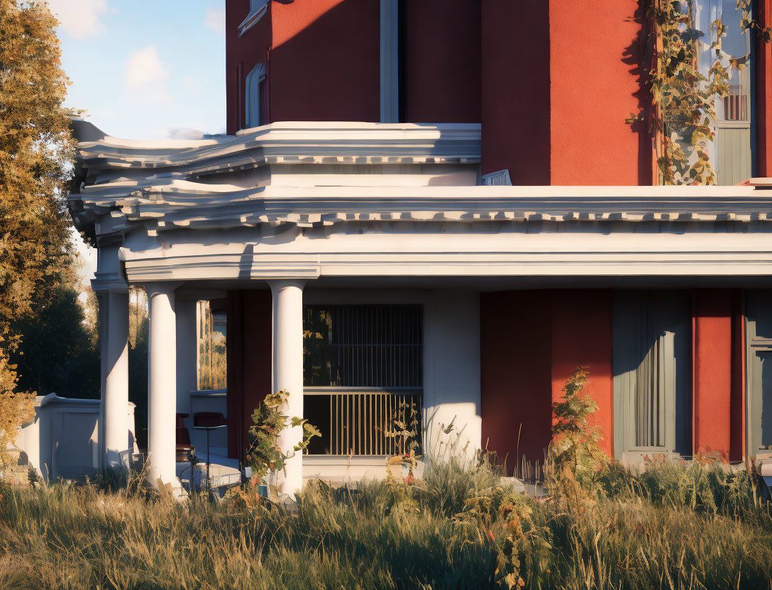 Classical building with white columns, red walls, and greenery under clear sky