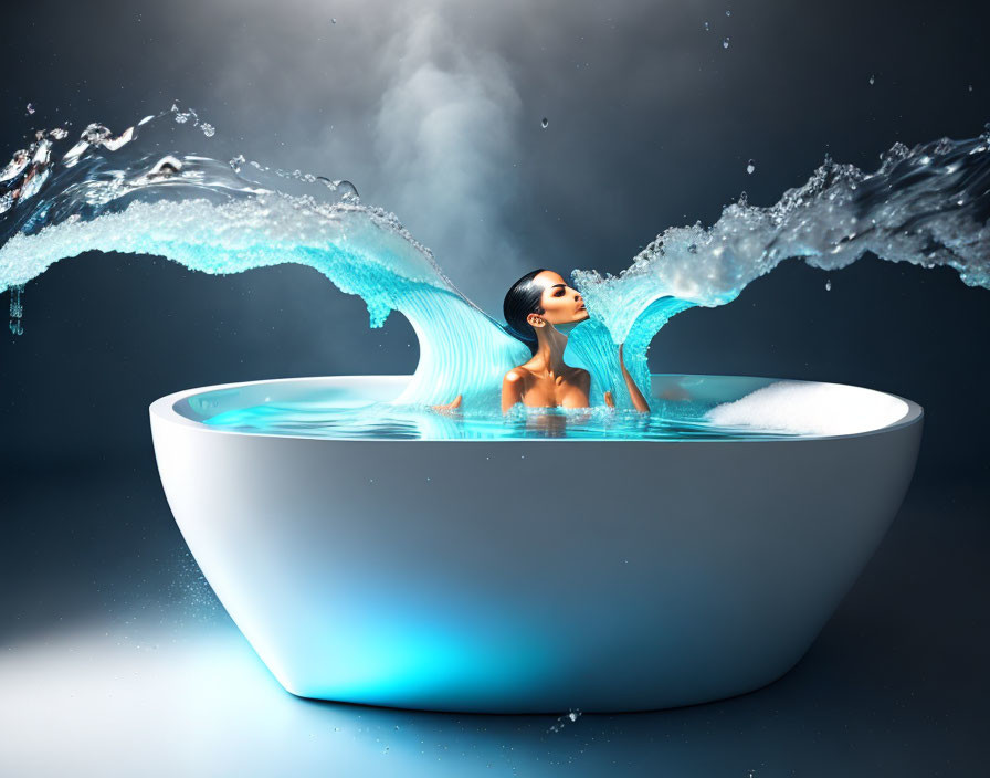 Relaxing person in white bathtub with splashing water, bubbles, steam, blue background