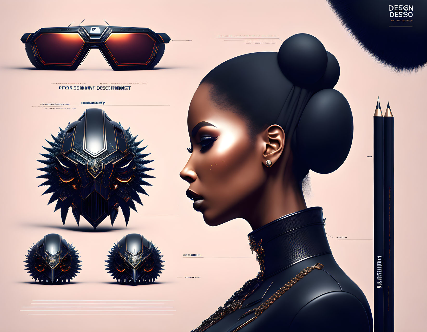 Futuristic woman profile with avant-garde accessories