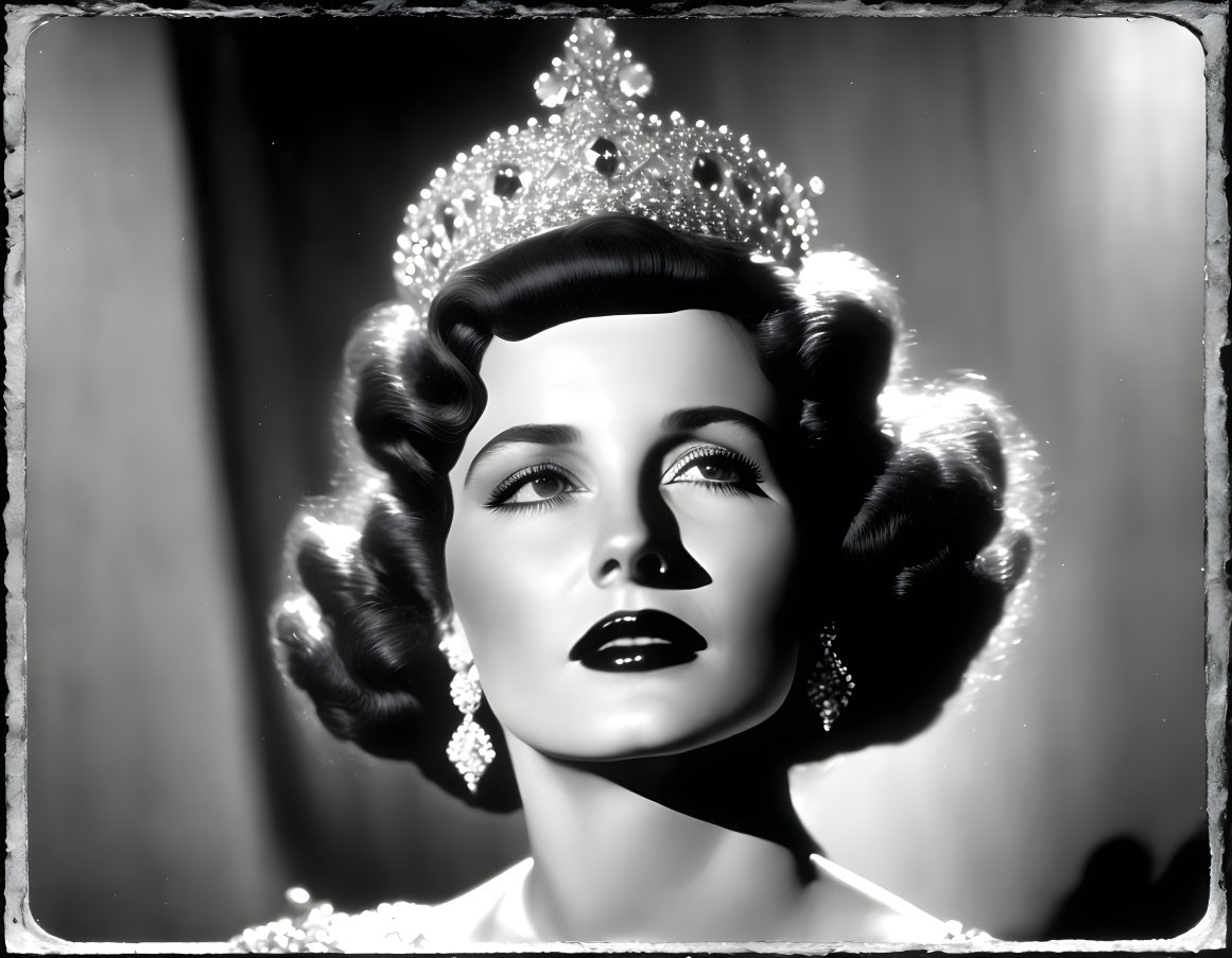 Vintage Black and White Photo: Woman with Glamorous Wavy Hair and Crown