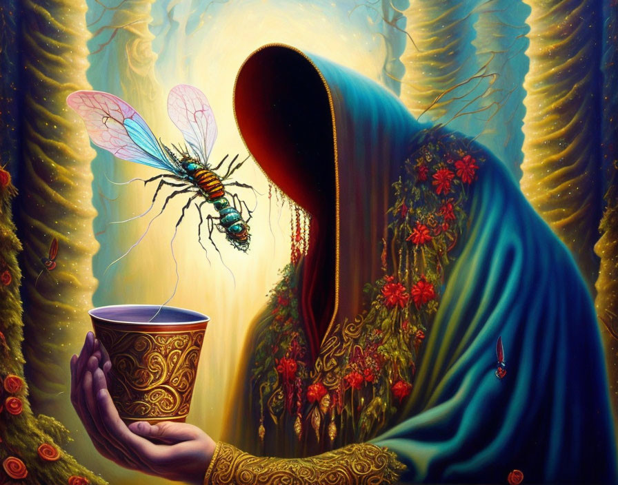 Surreal painting of robed figure with hollow face and iridescent insect in vibrant floral setting