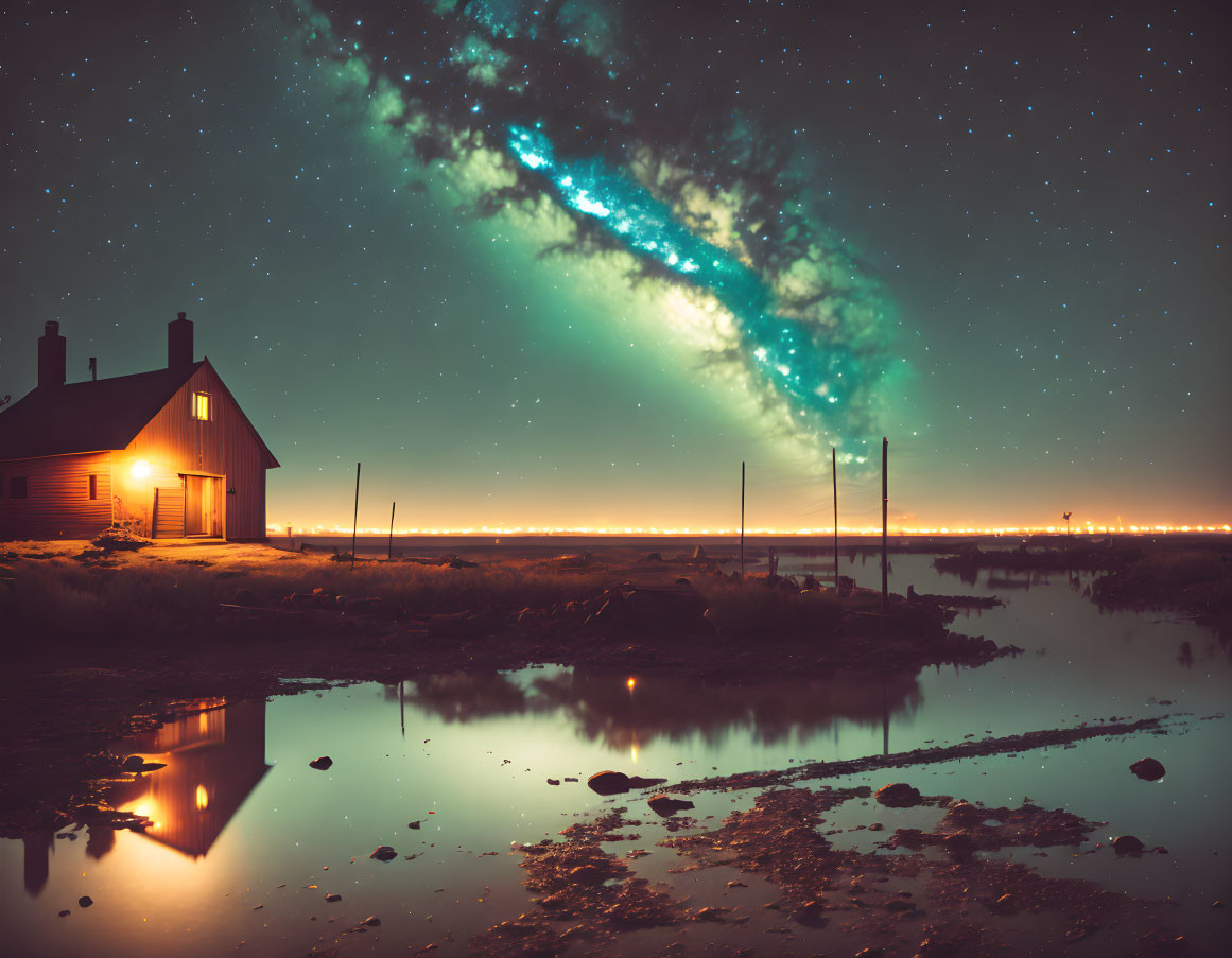 Starry night sky with galaxy, illuminated house, and distant city lights