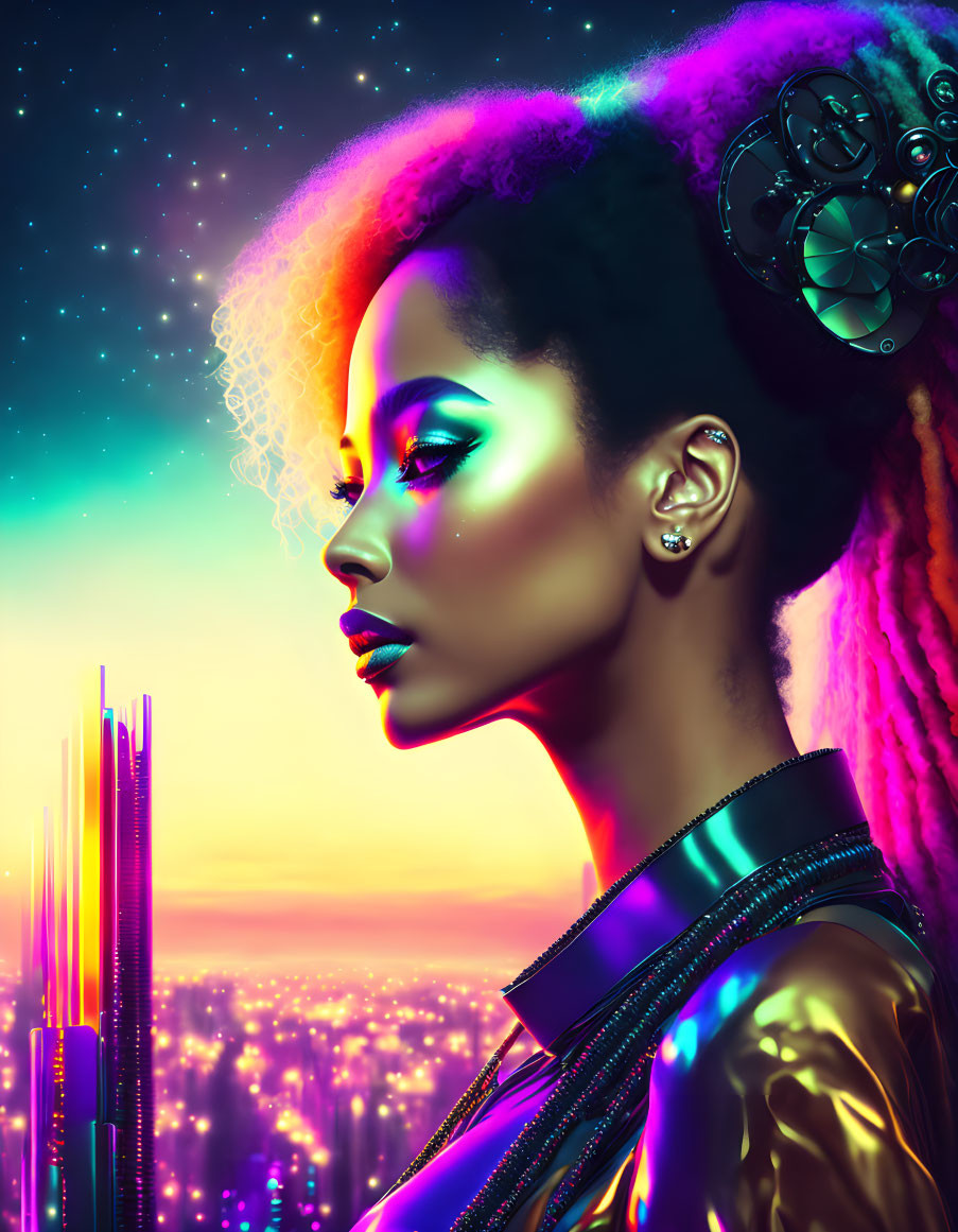 Woman's profile with neon lighting in futuristic cityscape