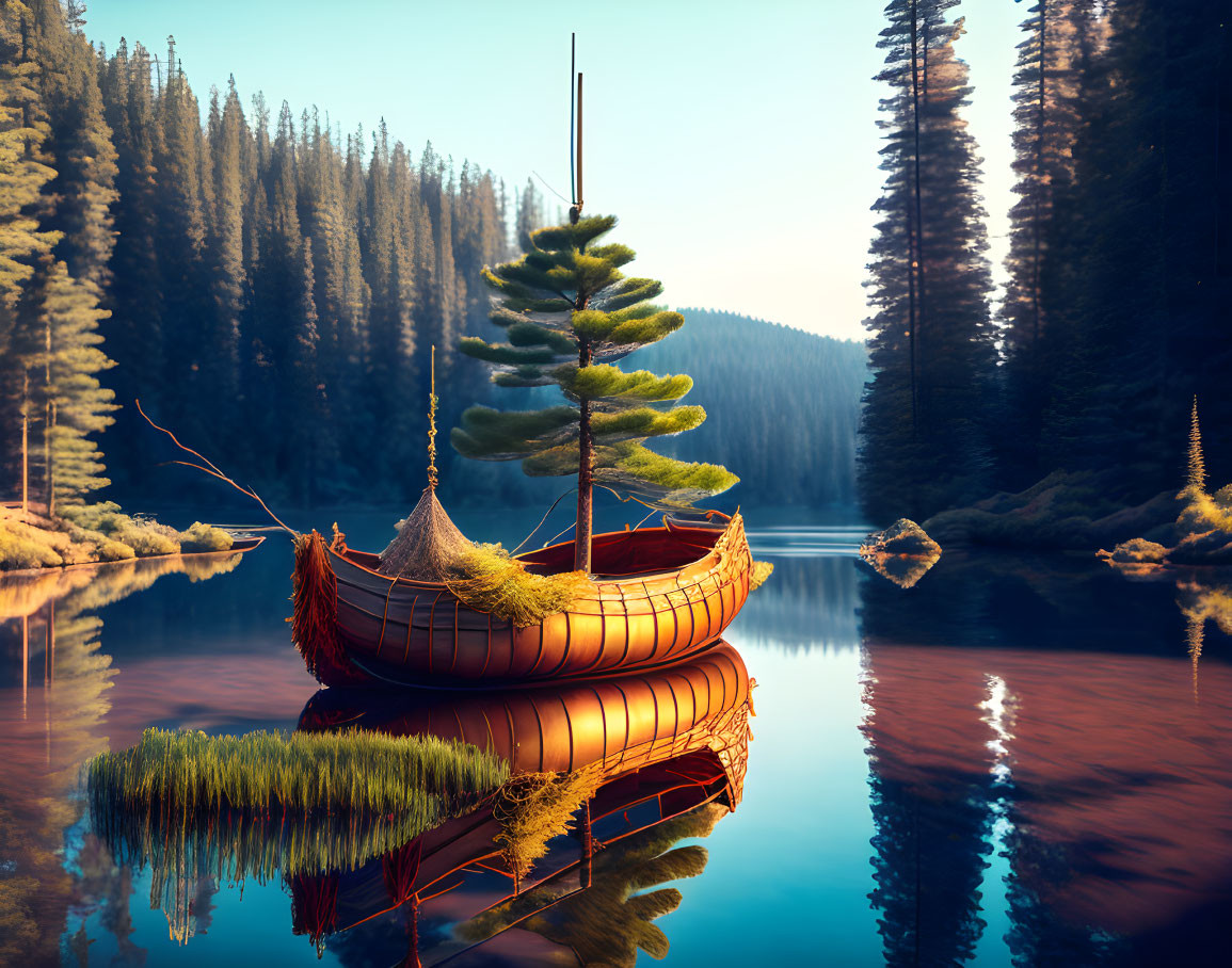 Tranquil lake scene with pine trees and unique boat