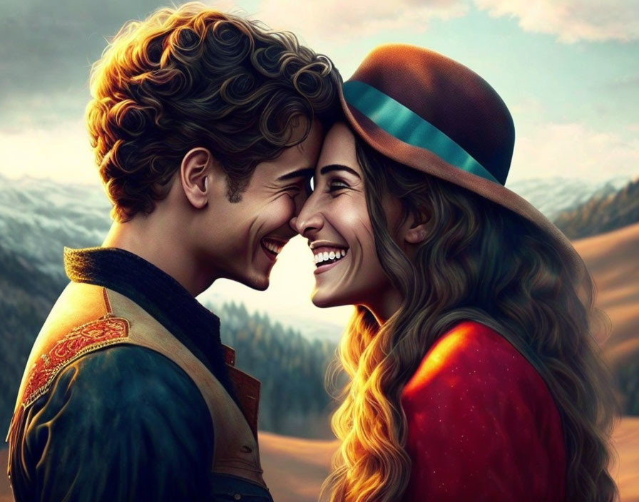 Curly-Haired Characters in Vintage Clothing Smiling in Hillside Setting