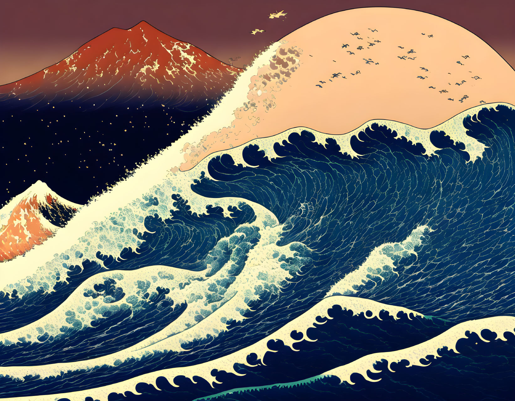 Stylized illustration of large wave with Mount Fuji, birds, sun