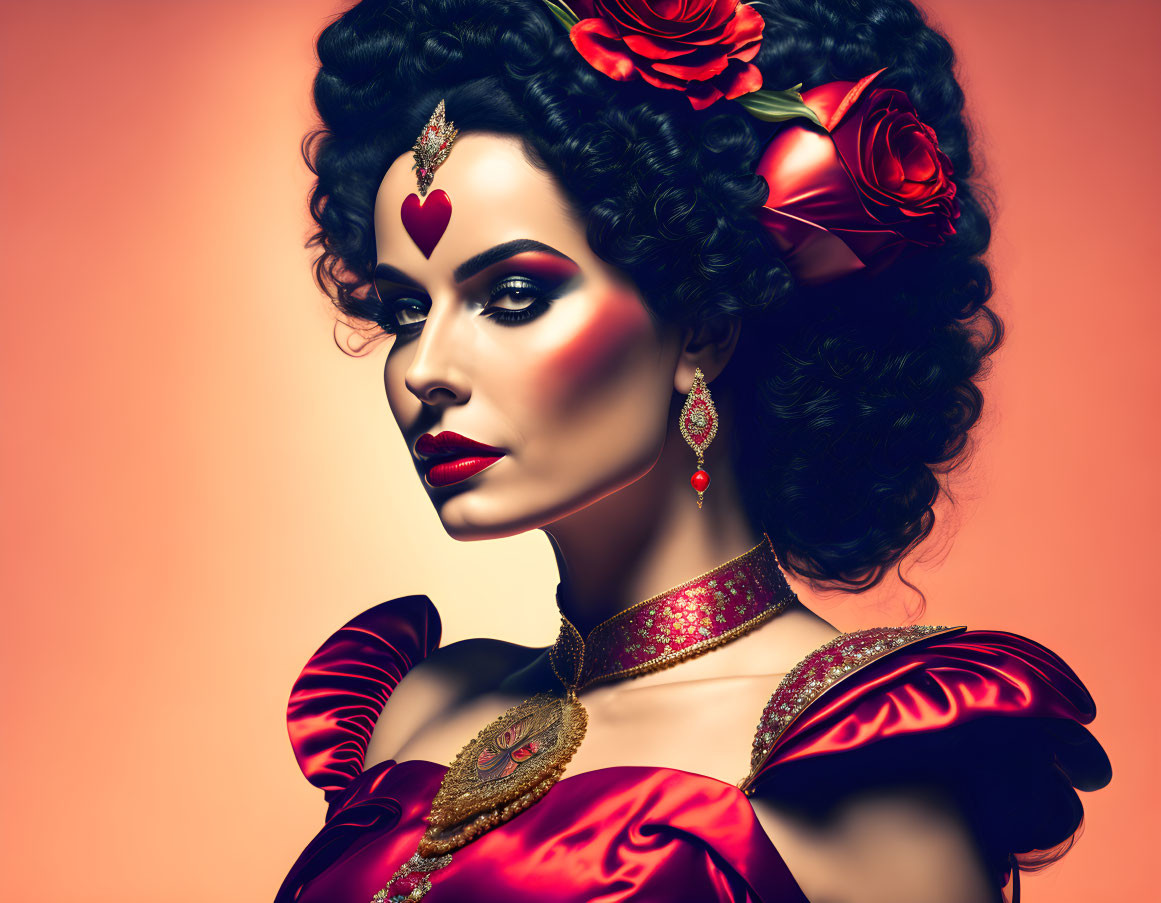 Woman with dramatic makeup and red flowers in hair, red satin dress, gold jewelry, orange backdrop