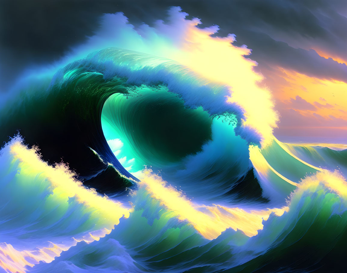 Colorful digital artwork: Massive wave with green and blue hues under surreal sunset.