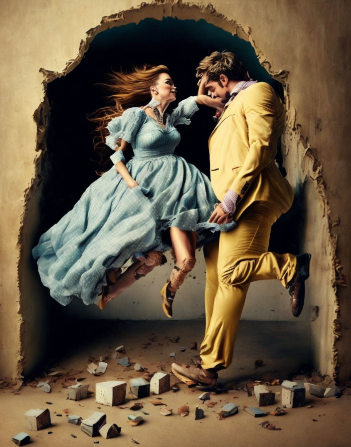 Retro-styled couple dancing against torn paper wall