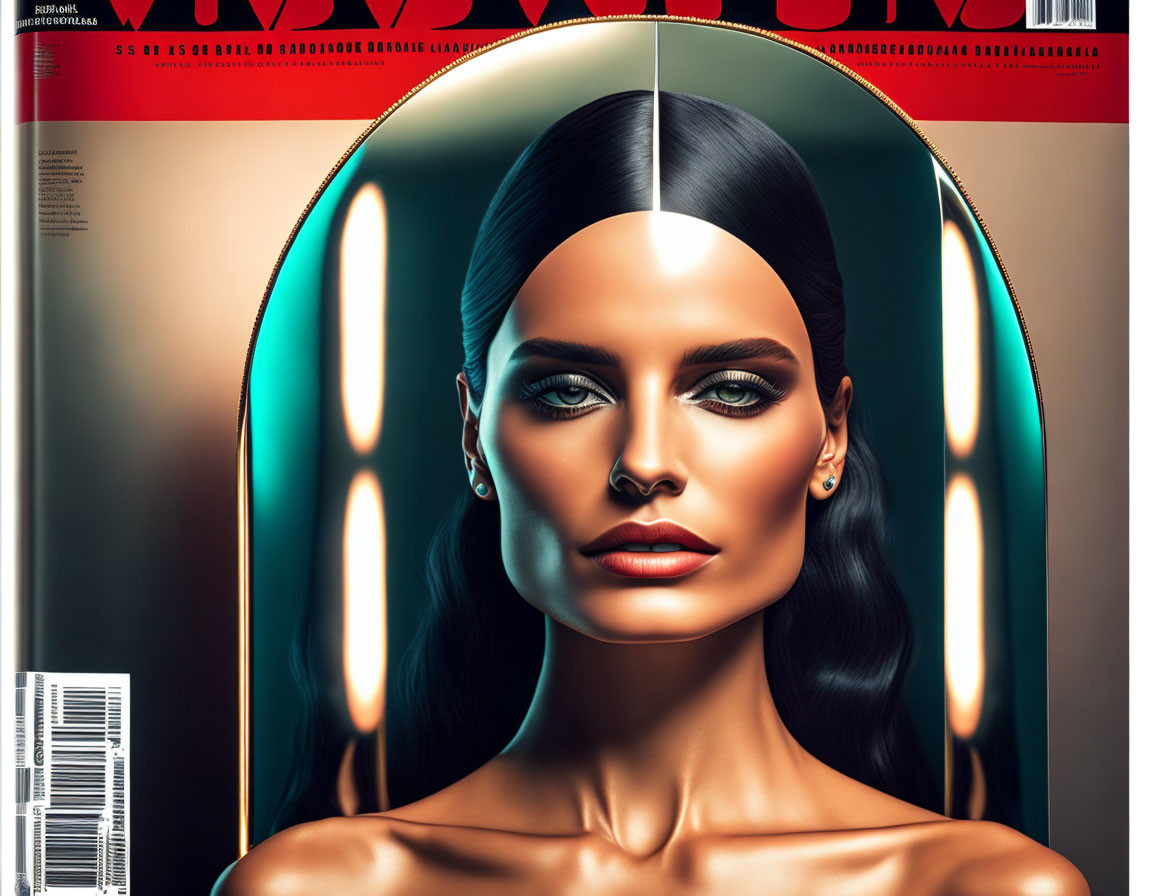 Symmetrical close-up of woman's face on magazine cover with soft glow lighting