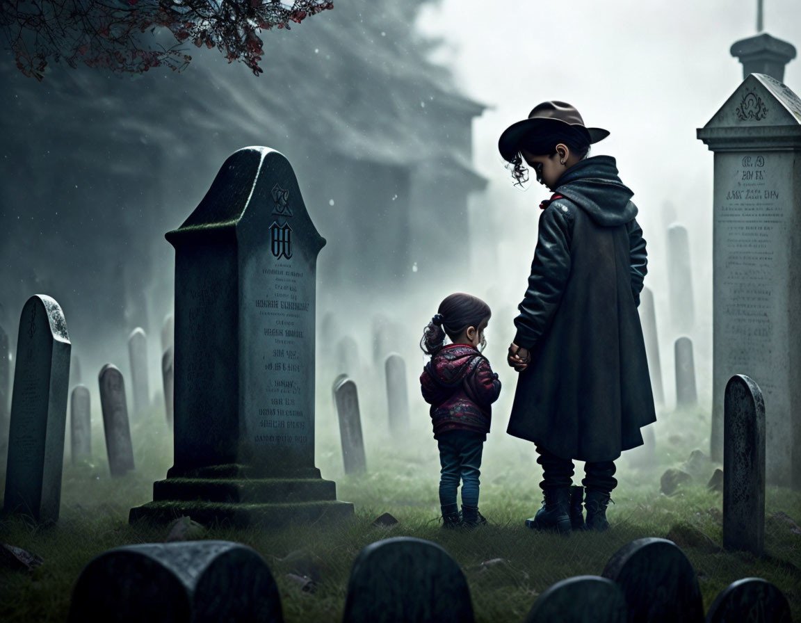 Children in cemetery: one in hat and coat holding smaller child's hand