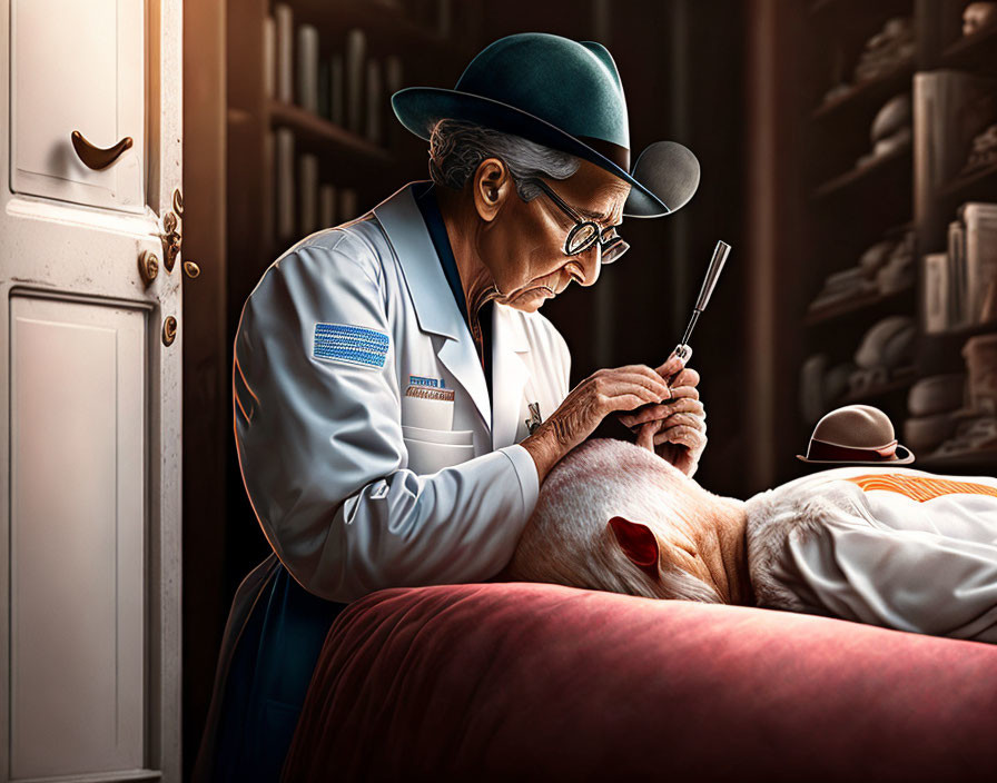 Elderly veterinarian examines dog's ear in cozy clinic