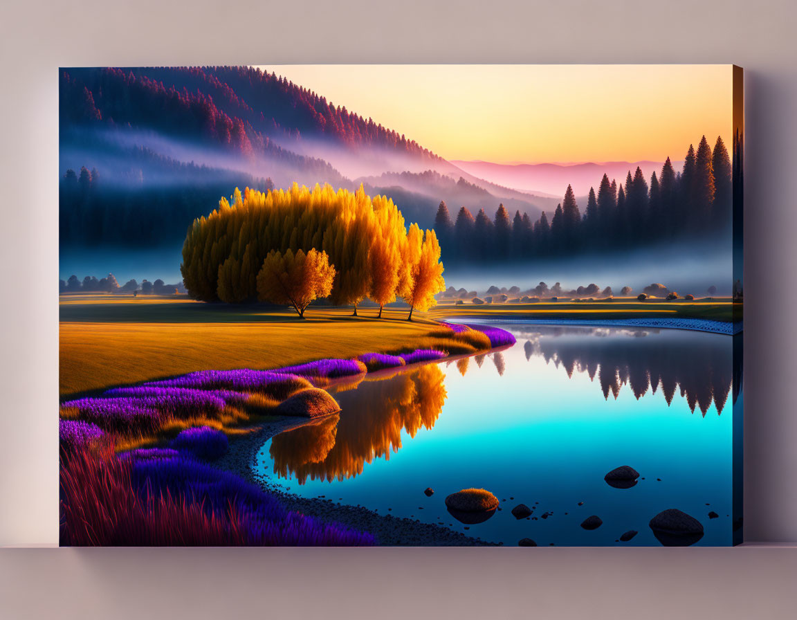 Serene landscape canvas print: sunrise, reflective trees, lake, fields, misty mountains