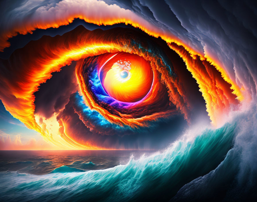 Colorful surreal ocean wave with fiery eye and radiant sun against dramatic sky