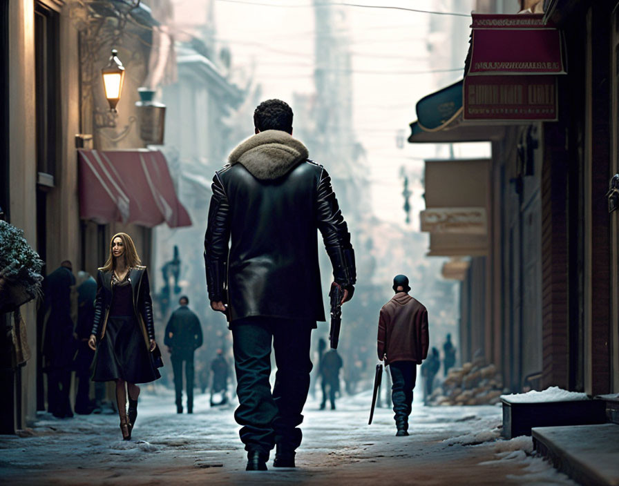 Man in leather jacket with fur collar walking in snowy European alley with umbrella, woman and another person in