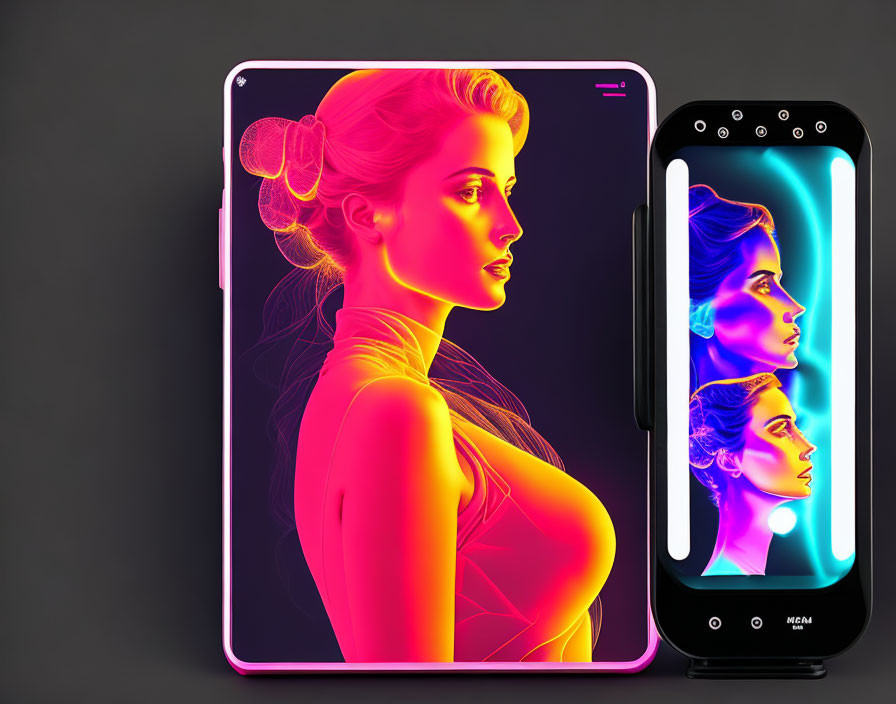 Neon Pink and Blue Woman Digital Illustration on Tablet and Phone