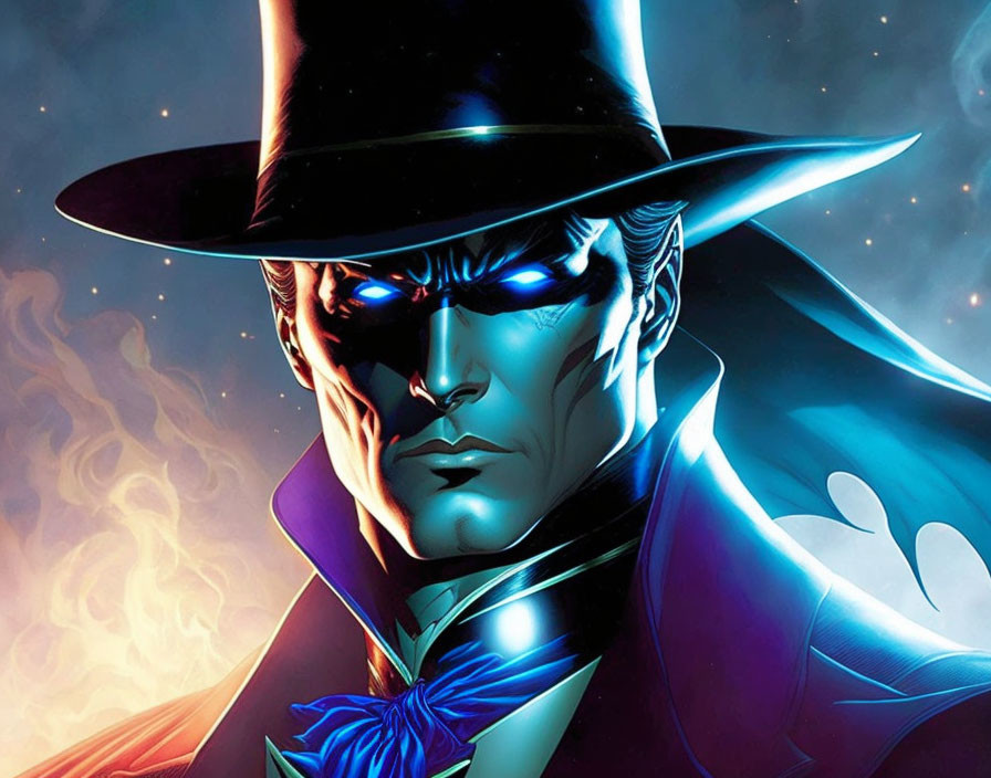 Mysterious male character with glowing blue eyes in wide-brimmed hat and cape against cosmic backdrop