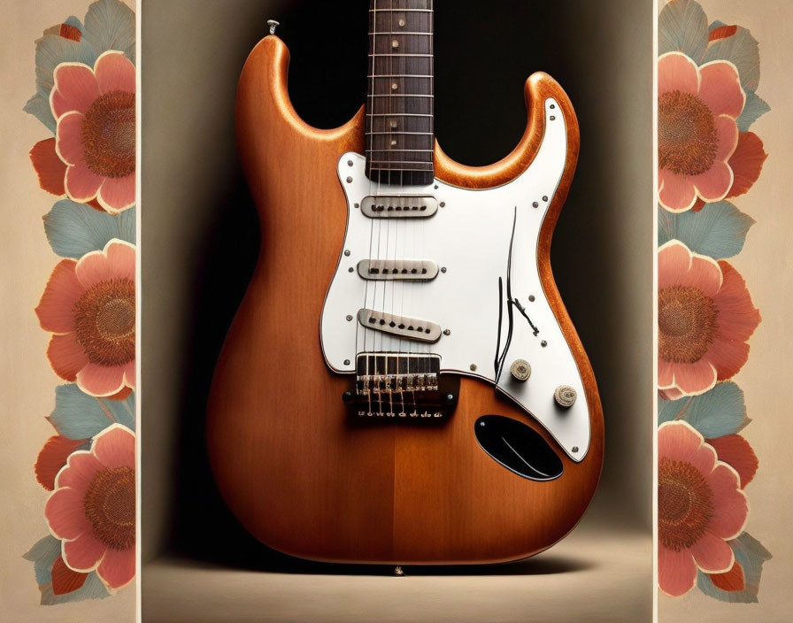 Sunburst Electric Guitar Displayed Among Floral Panels