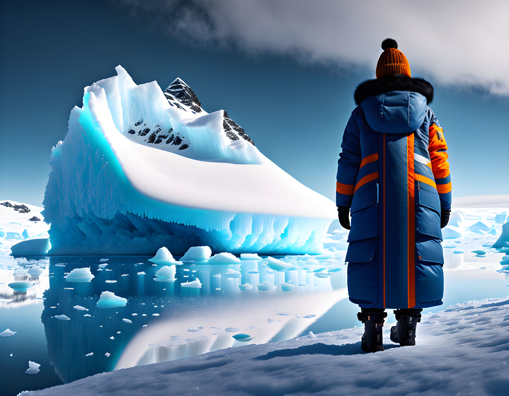 Person in Winter Coat Admiring Iceberg in Snowscape