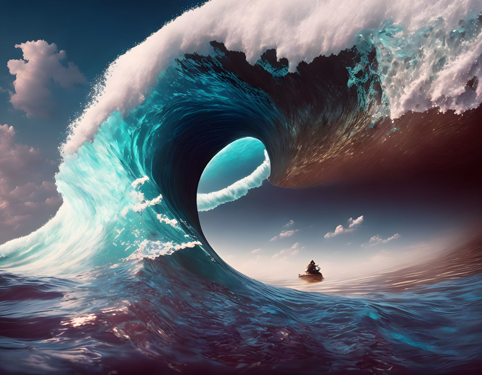 Gigantic curling wave over boat in stormy sky