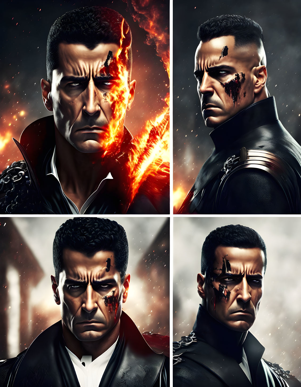 Four portraits of a man with facial scarring showing different emotions against a fiery background