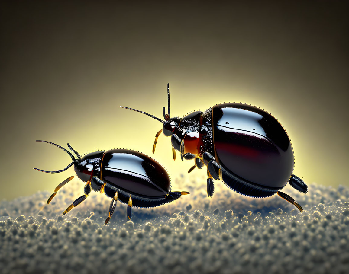 Shiny beetles on sandy surface with golden background.