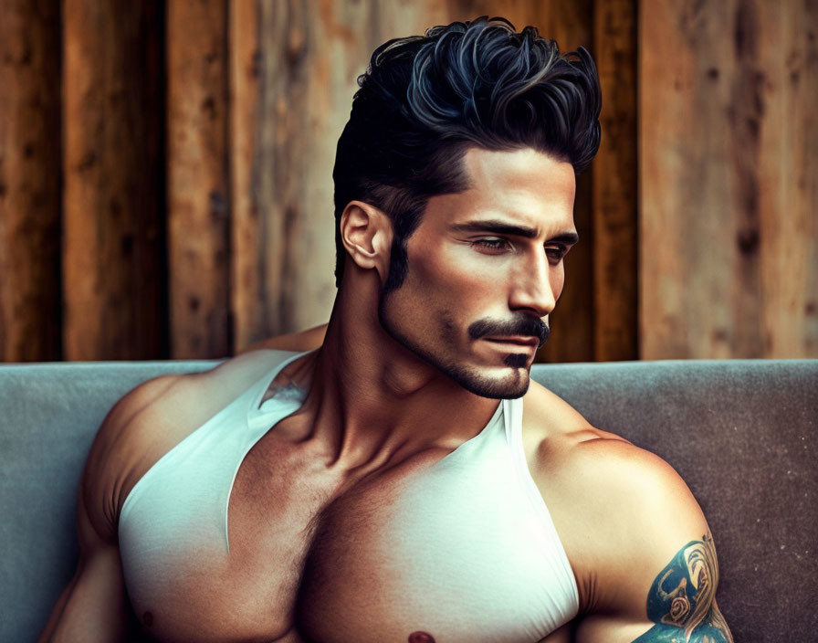 Man with slicked-back hair, beard, tattoo, white shirt, gazing sideways