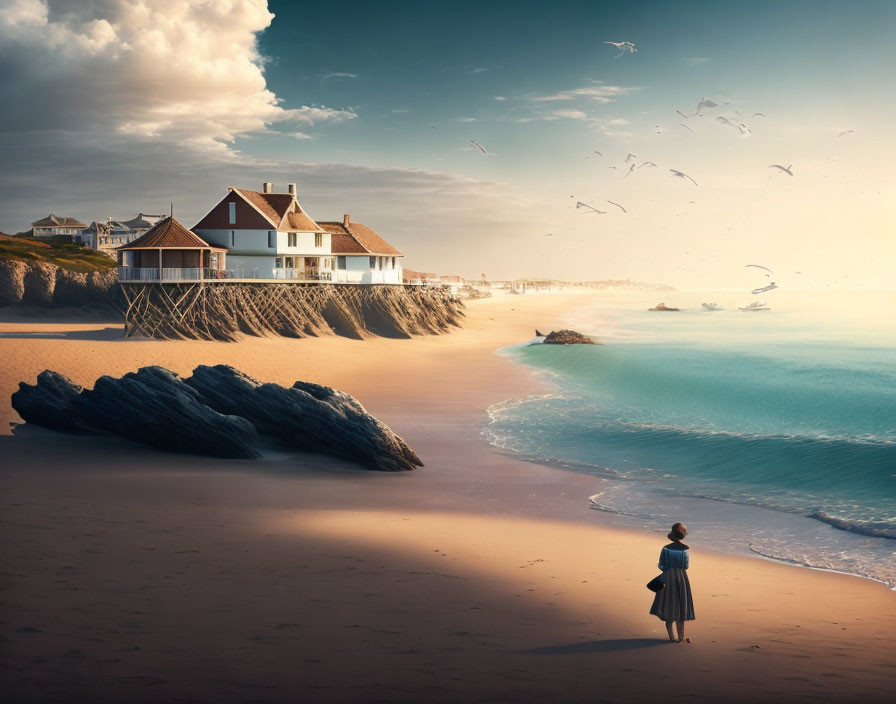 Tranquil beach landscape with woman, coastal houses, seagulls