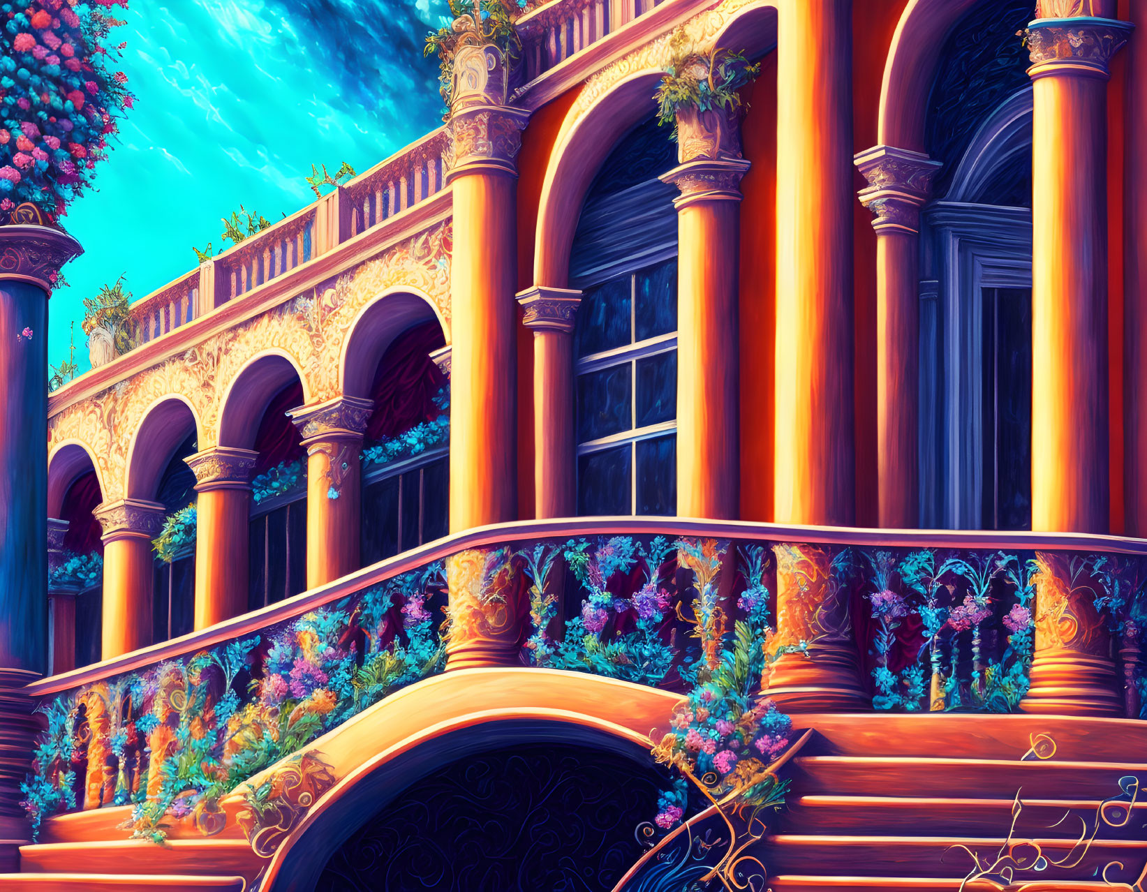 Colorful Artwork: Grand Building with Arches, Staircase, and Flowers