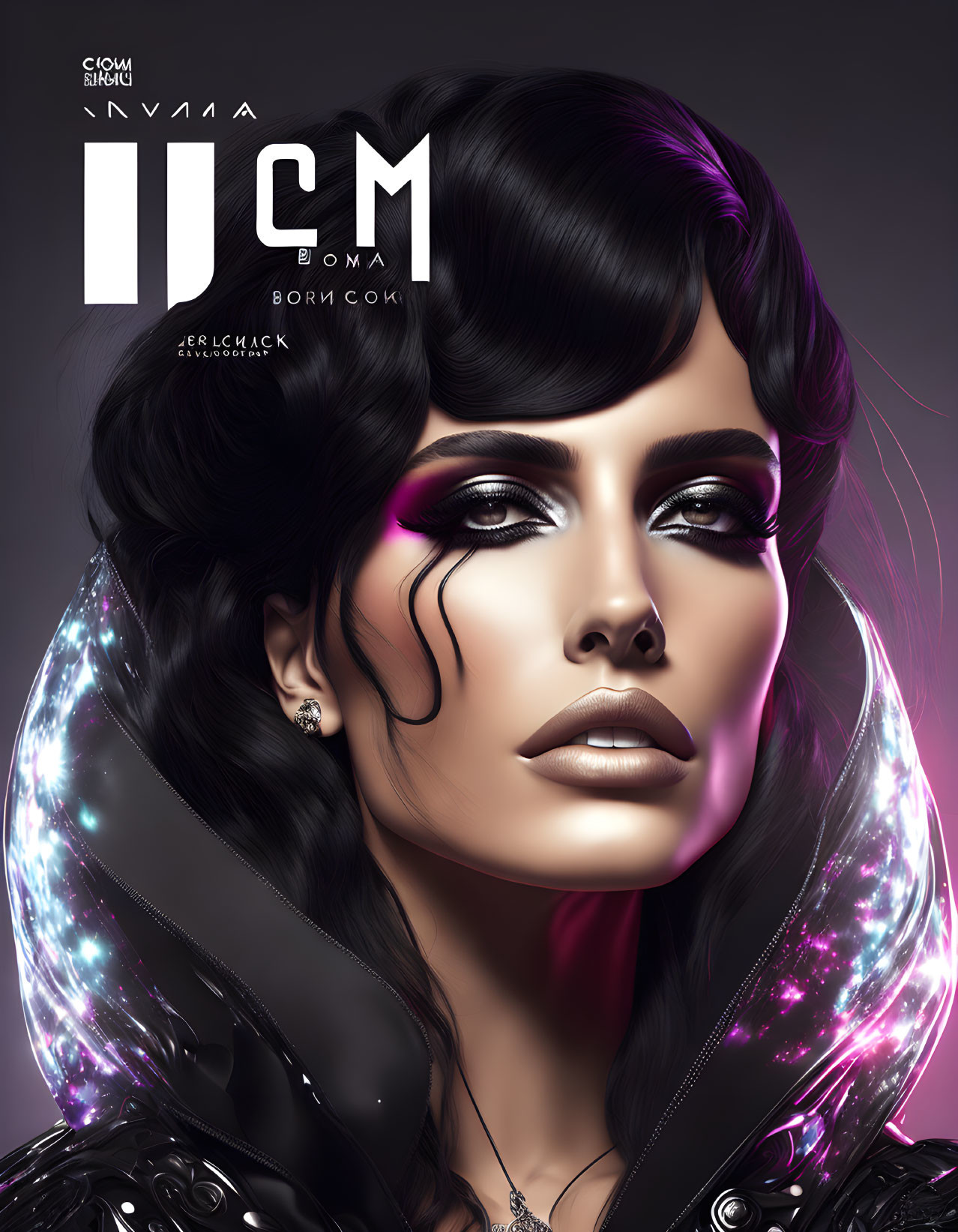 Cosmic-themed digital portrait of a woman with striking makeup and shiny dark hair.