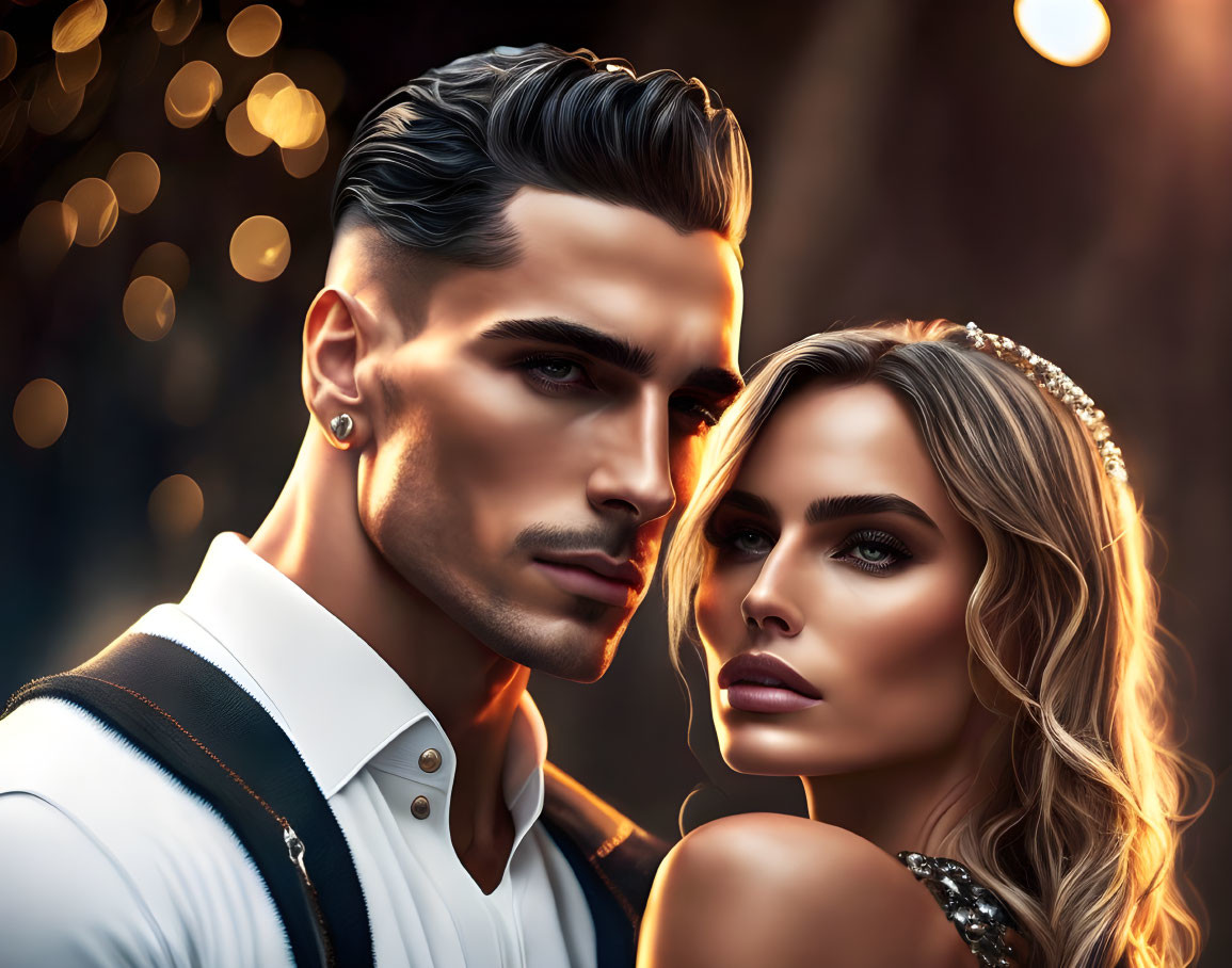 Stylish man and woman in digital artwork against glowing bokeh background