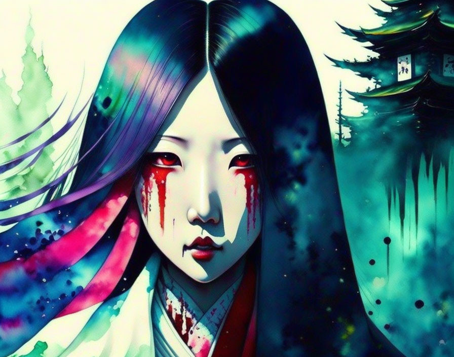 Dark-haired female figure with blood-like streaks in mystical setting