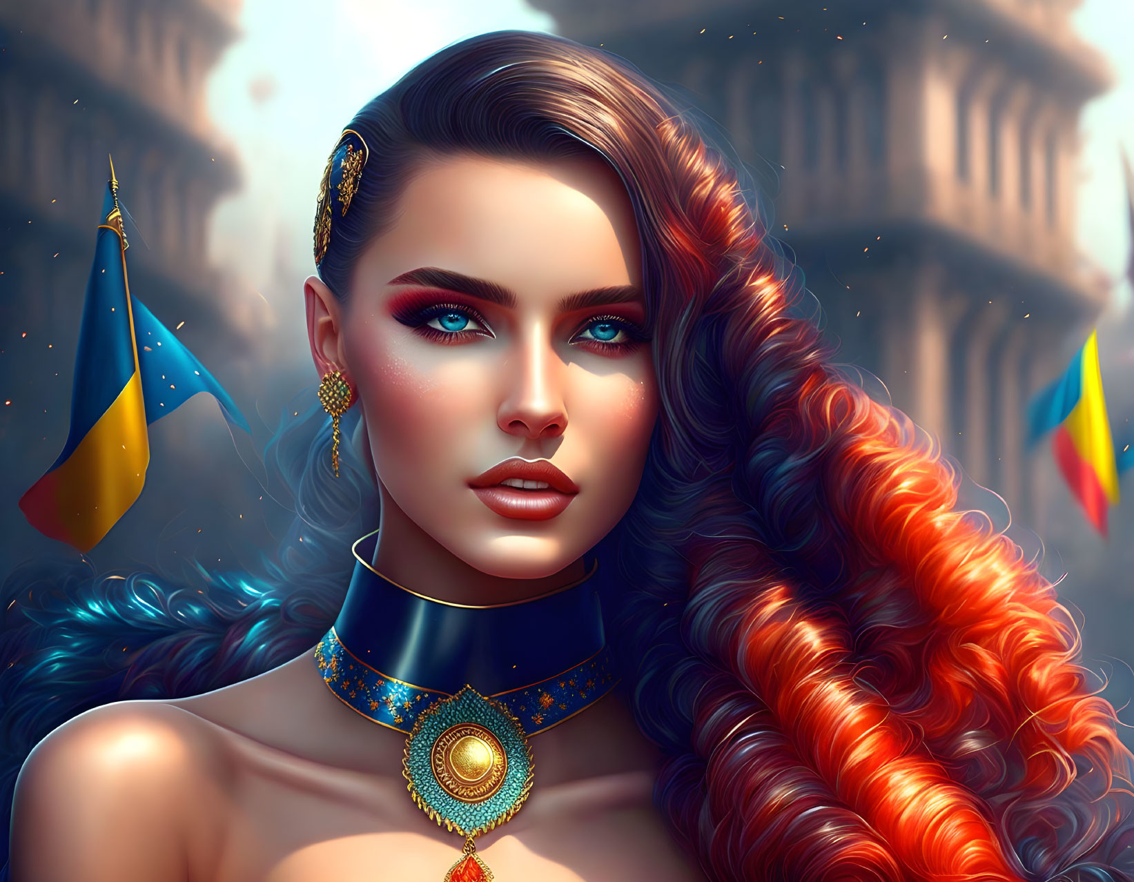 Vibrant digital art portrait of woman with blue eyes, red hair, makeup, and golden jewelry