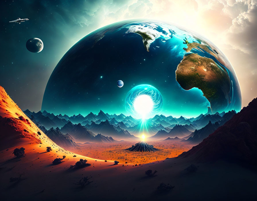 Surreal sci-fi landscape with Earth-like planet, desert, mountains, vortex, and celestial bodies