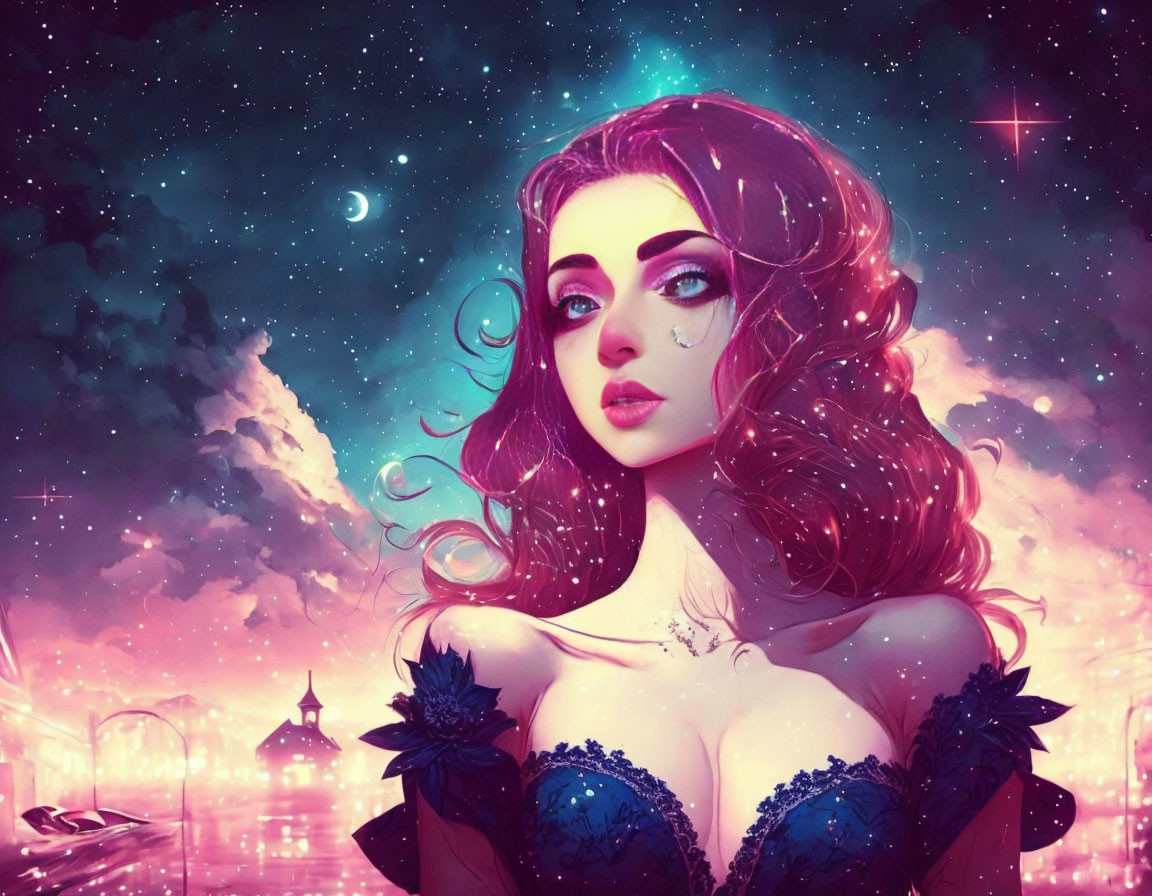 Whimsical woman illustration with wavy hair under pink and purple sky