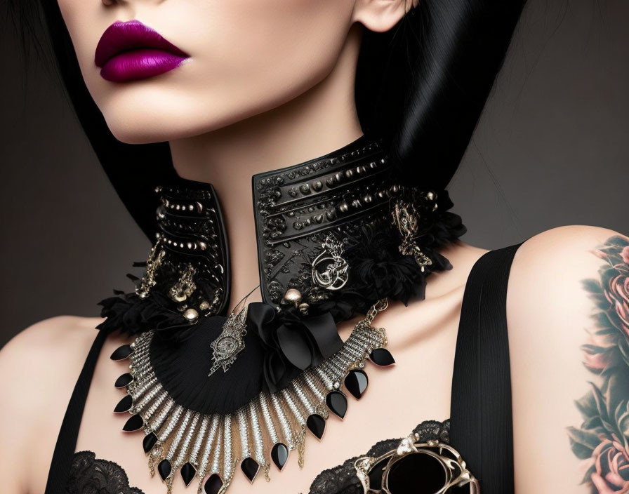 Woman with Purple Lipstick, Black Necklace, and Tattooed Arm on Grey Background