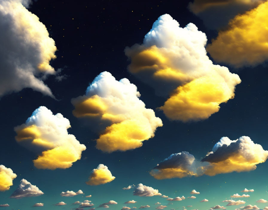 Golden sunlight illuminates fluffy white clouds in deep blue sky.