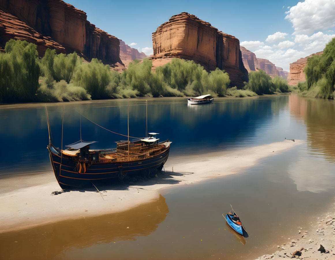 Boats on sandy riverbank with red canyon cliffs