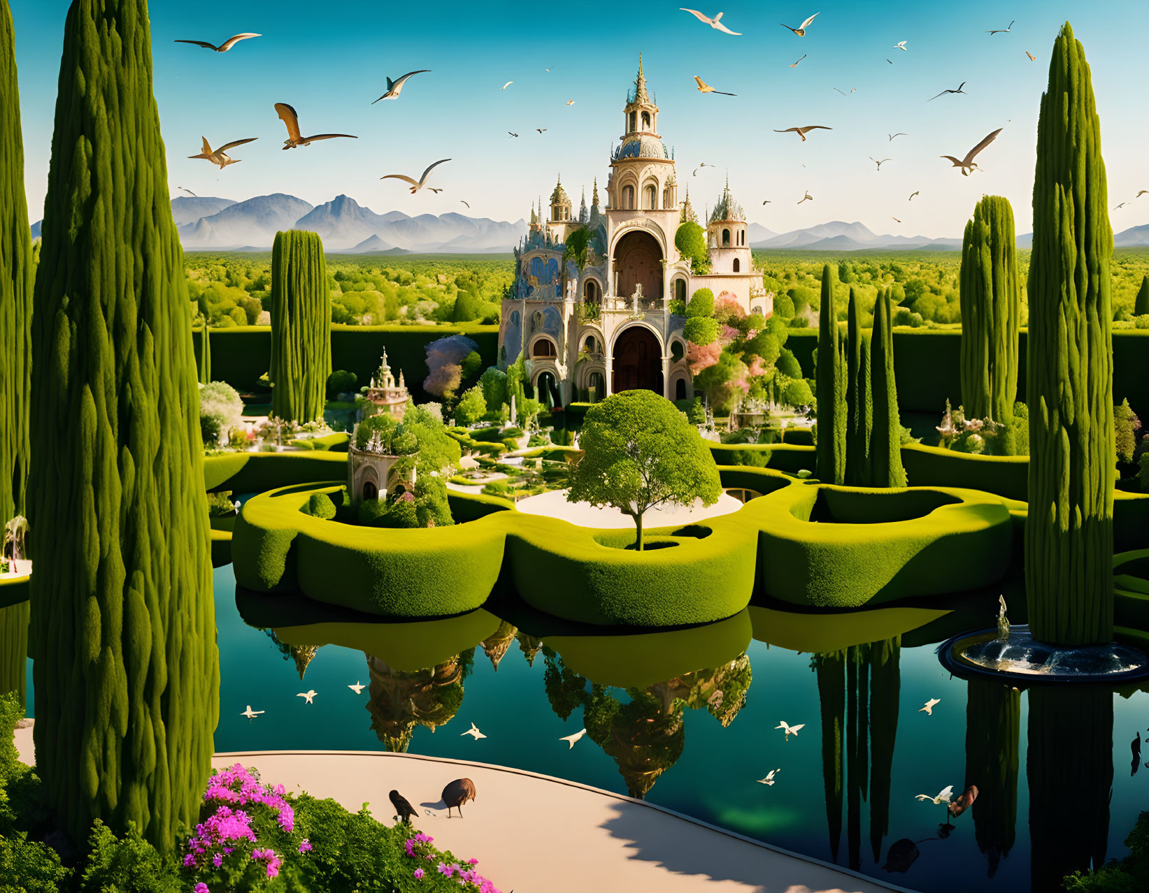 Ornate castle in lush fantasy landscape with cacti, lake, and wildlife