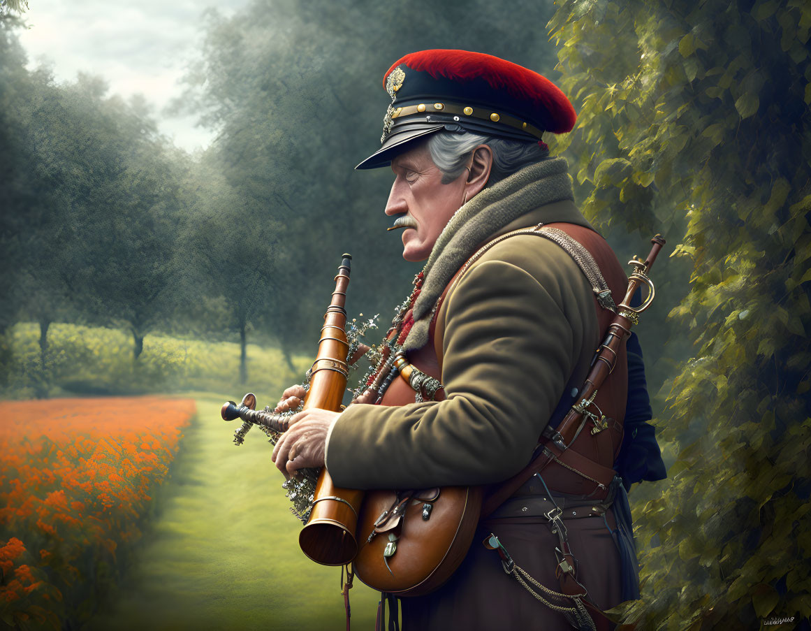 Man in military uniform plays bagpipes in serene landscape